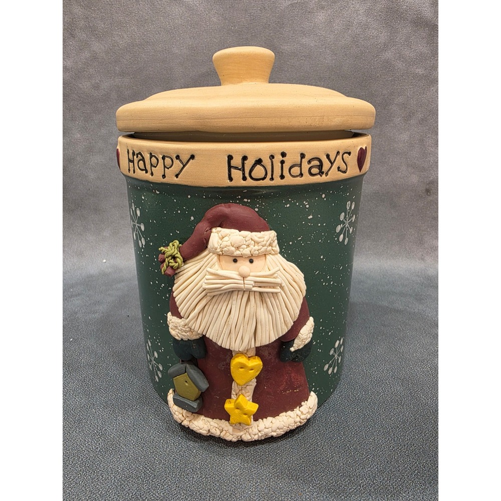 Vintage Ceramic Santa Claus Happy Holidays Cookie Jar Canister Green Snowflake